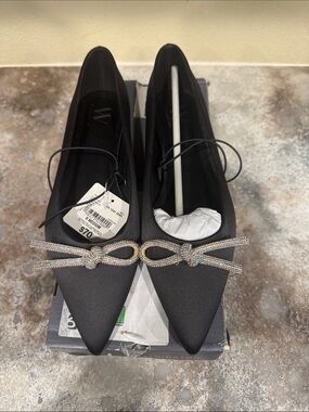 Worthington Black Pointed-Toe Flats with Rhinestone Bow